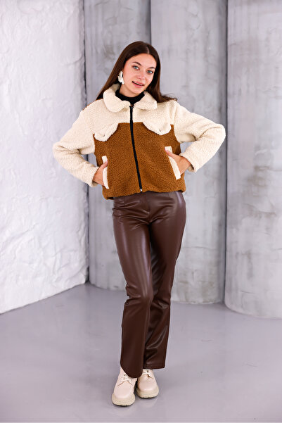 PENGORA Trend Women's Cream Brown Plush Jacket |   Winter Crop Short Zippered High Collar Coat
