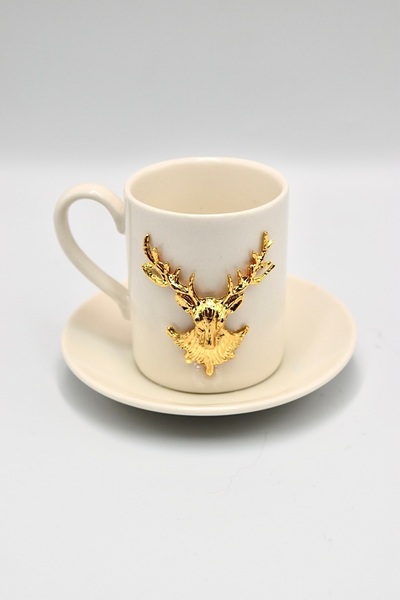 iQey Home New Year's Gold Deer Detailed New Year Porcelain Cup Set - for 2 People