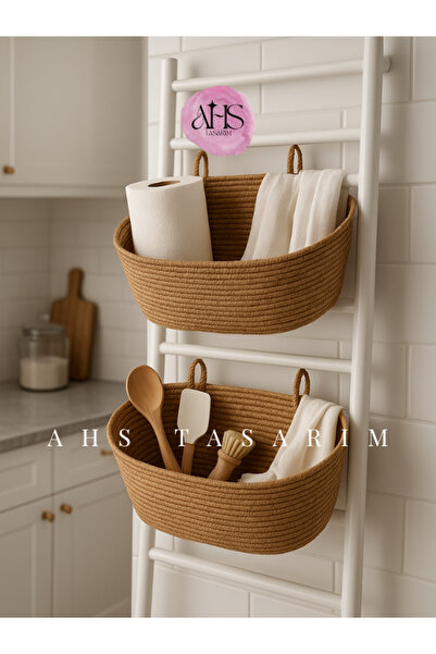 Ahs Tasarım Doğal Hasır Askılı Sepet – Banyo & Mutfak Duvar ve Petek Havlupan Üstü Organizer
