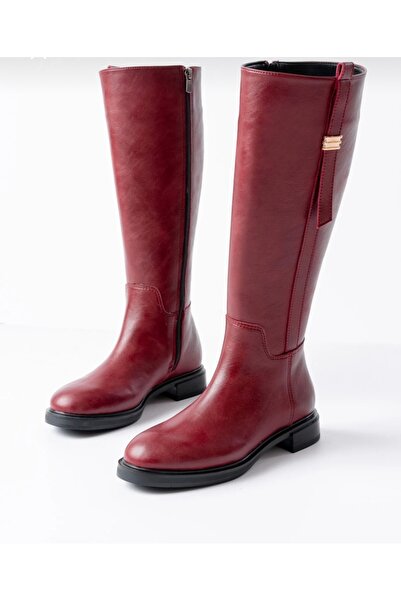 KEÇELİ BORDO GOLD DETAYLI FERMUARLI ÇİZME