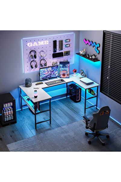 Venpara U Shaped Computer Desk with Storage Shelf, Large Office Desk Gaming Table with H-Shape Structure