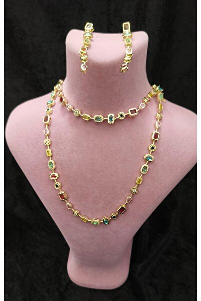 Çelik Kolye Bileklik ve Küpe 3 lü Zirkon Taşlı Takım set 14 K Altın Kaplama