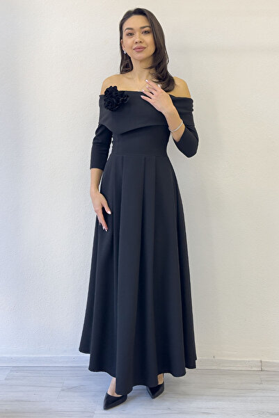 zks grup tekstil Women's Detachable Floral Detail Madonna Collar Midi Length Dress Beige, Burgundy, Black, Red, White