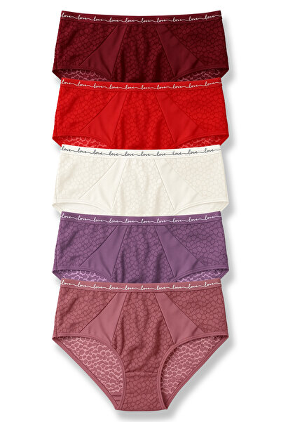 HNX 5-Piece Leopard Lace Tulle Detailed and Love Elastic High-Waisted Women's Panties