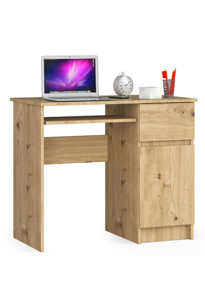 SERSIMO Birou de calculator PIKSEL, cu sertar, dulap și raft pentru tastatură, dreapta, 90x50x77 cm, stejar artizanal