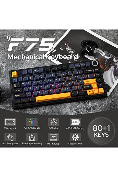 Epomaker x AULA F75 Gasket Mechanical Keyboard, 75% Wireless Hot-Swappable, RGB (Black, LEOBOG Reape