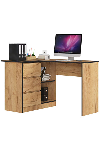 SERSIMO Birou de colț stânga, cu 3 sertare și rafturi, PAL laminat, 124x85x77 cm, stejar artizanal