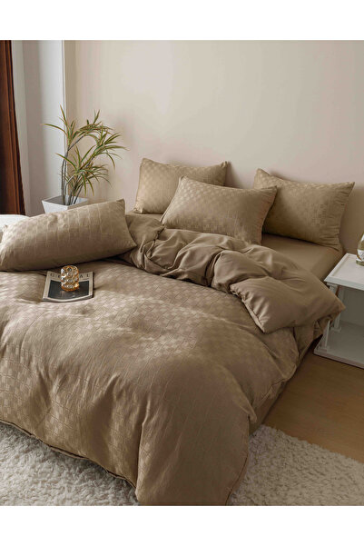 JOJO HOME Bed linen set, fine jacquard, 6 pieces, 230x250cm, Brown