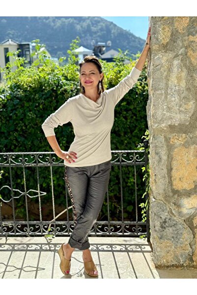 Punta Otantik Yg5172 Degaje Collar Long Sleeve Italian Knitwear Blouse Cream