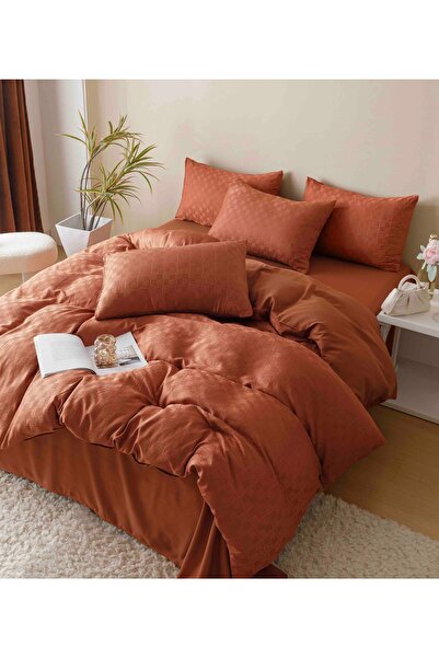 JOJO HOME Bed linen set, fine jacquard, 6 pieces, 230x250cm, Brick