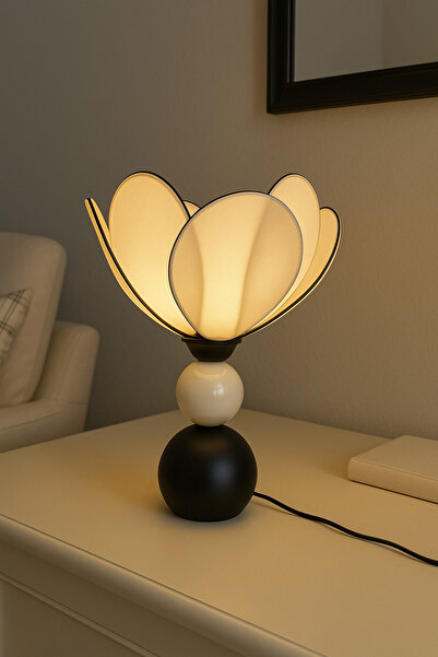 Natiorj Papatya Model Siyah Beyaz Top Detaylı Abajur Lüks Masa Lambası Yatak ...