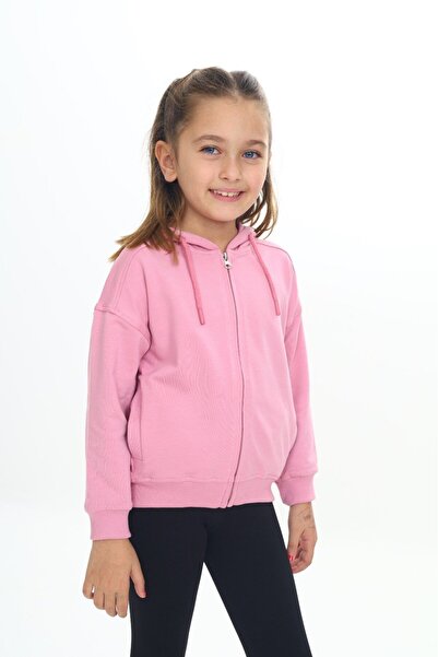 Toontoy Πλεκτή ζακέτα χωρίς ώμους για κορίτσια Dusty Rose με με κουκούλα τσέπες με φερμουάρ - 2 κλωστές