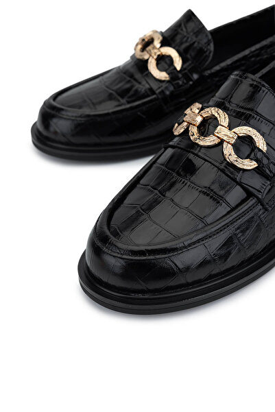 Tamer Tanca Kadın Hakiki Deri Siyah Kroko Loafer Ayakkabı