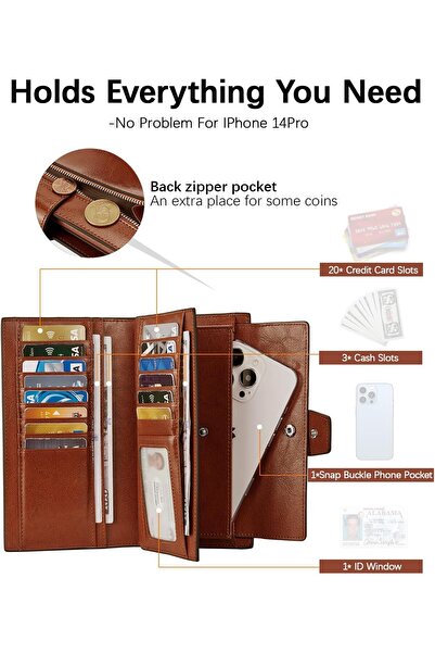 BOSTANTEN Womens Leather Wallets RFID Blocking Large Capacity Credit Card Holder Phone Clutch Brown