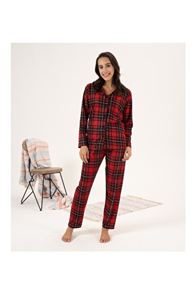 Trendnova Store Kadın Pijama Takım Kare Desenli Önden Düğmeli Süet