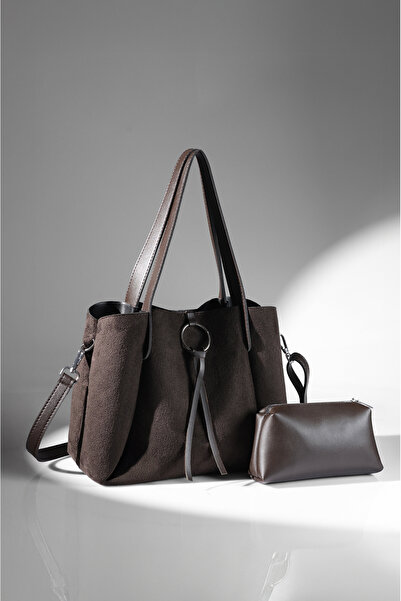 Rimense Women's Bitter Brown Suede Makeup Bag Hand and Shoulder Bag