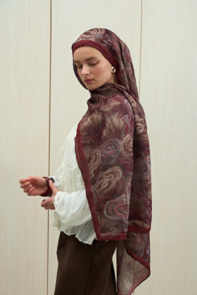 cs camellia scarf Soft Glow Müslin Şal - Bordo Bej