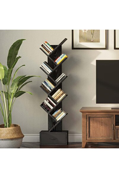 Gogoya tree Bookshelf with Drawer, 8-Shelf Rustic Wooden Storage (Black)