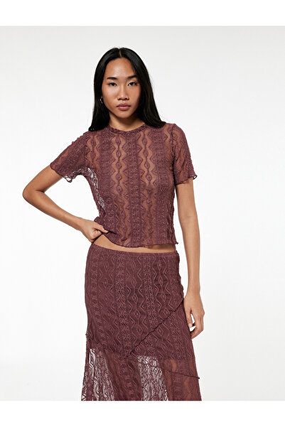 Koton تي شيرت نسائي من الدانتيل باللون العنابي