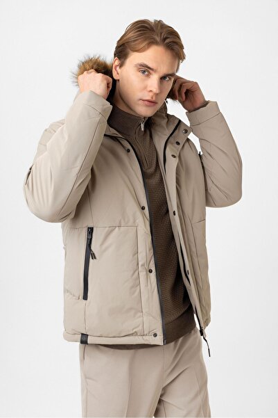 Back And Bond Bej Regular Fit Kapüşonlu Kürklü Puffer Mont