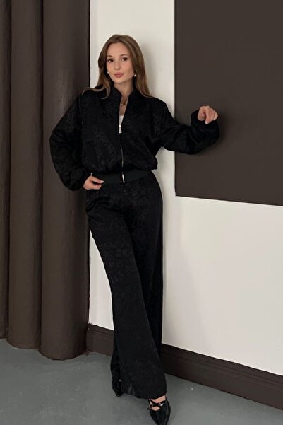 Ded COLLECTION Women's Leopard Print Satin Relaxed Fit Zip up Jacket and Wide Leg Pants Set