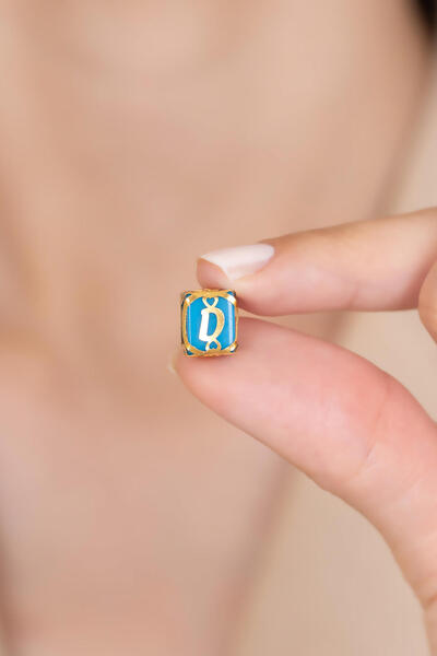 AMES GOLD KUYUMCULUK 14 Ayar Altın D Harfi Işıltısı Mavi Boncuk Charm