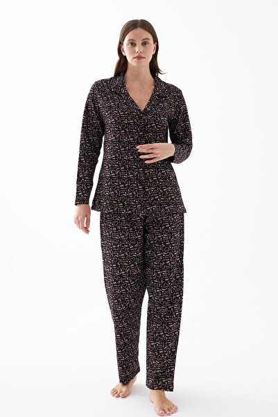 Akbeniz Women's Black Buttoned Heart Patterned Cotton Pajama Set