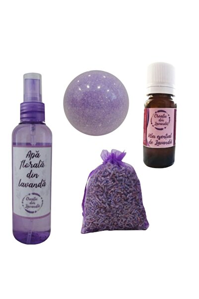 Creatii din lavanda Set cadou cu lavandă: 14 pliculețe a câte 10 g, 10 ml ulei esențial, 100 ml apă de lavandă, 150 g bombă de baie - Pu