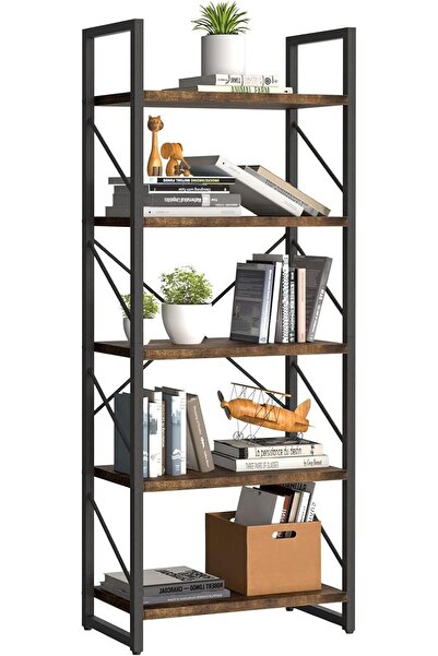 Chulovs 5-Tier Modern Classic Bookshelf, Wood & Metal Storage Shelf (Brown, Matte)