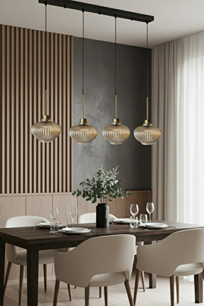 Bamyum Ruiz Cam Bal Rengi Dörtlü Avize İnce Eskitme Başlık Retro Sarkıt Lamba Salon Aydınlatma