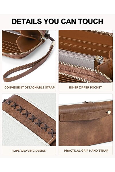 BOSTANTEN Women's RFID Double-Zipper Wristlet Clutch Wallet - Beige & Brown