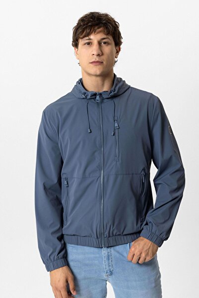 Back And Bond İndigo Regular Fit Kapüşonlu Rüzgar Geçirmez Yağmurluk