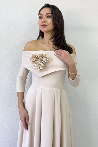 the ZKS Kadın Çıkarılabilir Çiçek Detay Madonna Yaka Midi Boy Elbise Bej, Bordo, Siyah, Kırmızı, Beyaz