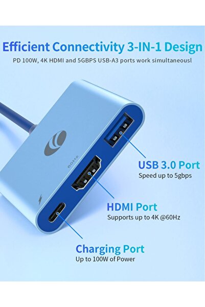 VCOM USB Type C HDMI HUB 3-in-1 (4K@60Hz HDMI, USB 3.0, PD 100W) - Blue