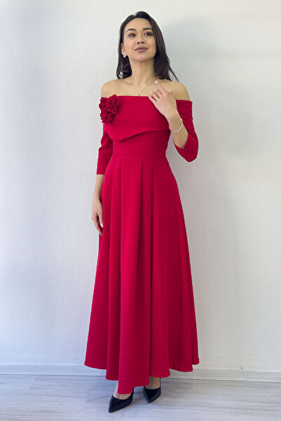 the ZKS Women's Detachable Floral Detail Madonna Collar Midi Length Dress Beige, Burgundy, Black, Red, White