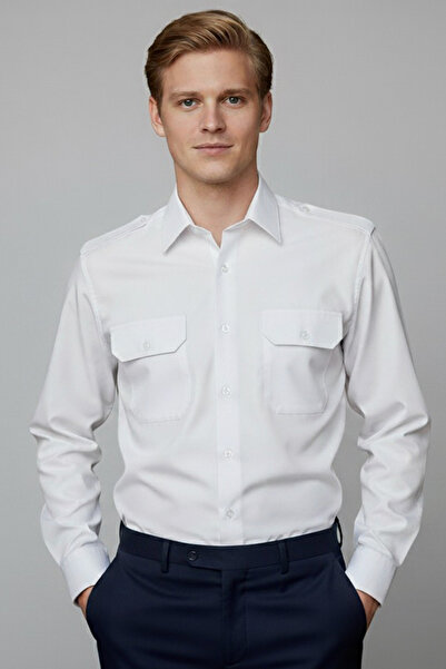 Zermon Klasik Kesim CVC Kumaş Çift Cepli Kapaklı Beyaz Pilot Gömlek