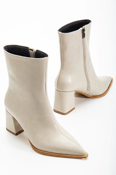 bakacstore Kadın Bej Cilt Yandan Fermuarlı Sivri Burun Bot