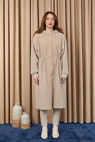 Puane Γυναικείο παλτό μακρύ Fox με κουκούλα με τέντελο στη μέση - 15234KBN - ΜΠΕΙΖ