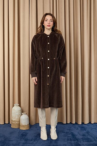 Puane Women's Tunneled Waist Hooded Long Fox Coat - 15234Kbn - Brown