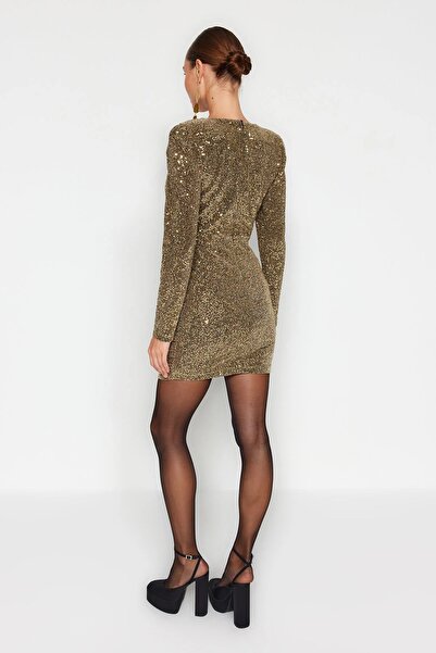 Butik ALLBUCKS Trend yol Millaa, Gold Pullu Parlak Mini Elbise ABGYM0811