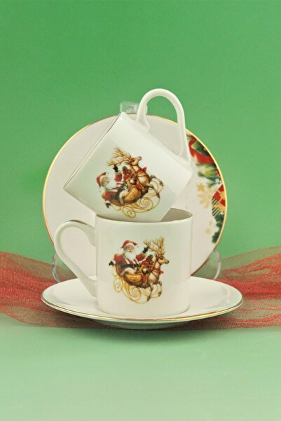 Bursa Porselen Dekor Christmas reindeer altın yaldızlı iki kişilik kahve finc...