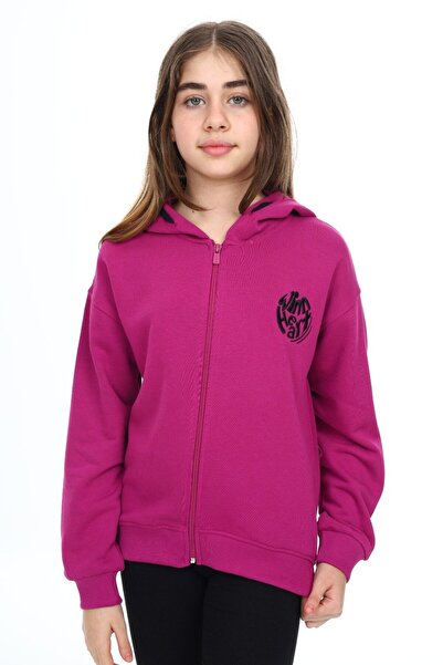 Toontoy Plum Girl's Hooded Zippered Off-Shoulder Embroidery Printed Slit Deta...