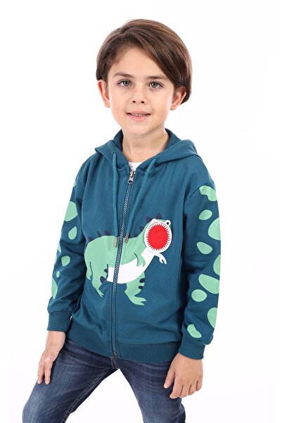 Toontoy Petrol Blue Boy's Hooded Zippered Printed Knitted Cardigan - 2 Thread