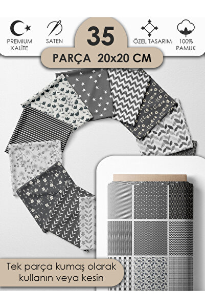 FabricMarket %100 Pamuk Saten Patchwork Kumaş Seti – 35 Adet 20×20 cm, Renkli Parçalar