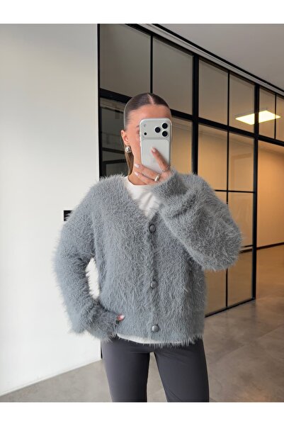 BB Bensu Buyruk Pearl Buttoned Gray Plush Cardigan