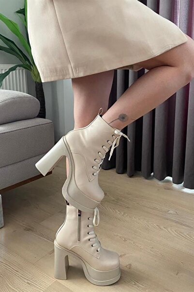 Les Passent Women's Alchemy Cream Lace-Up Detailed 12 cm Platform Heeled Zipp...