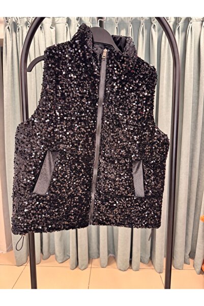 Arzu Yıldırım Butik Payetli Kadife Kısa Parlak siyah Şişme Yelek