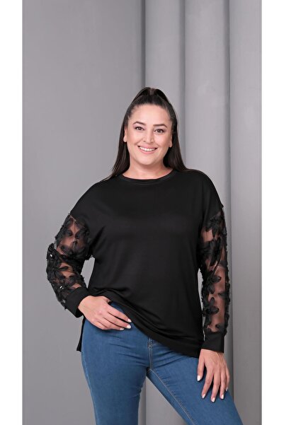 Ebsumu Γυναικείο μπλουζάκι με διάφανο μανίκι μαύρο σε μεγάλο μέγεθος