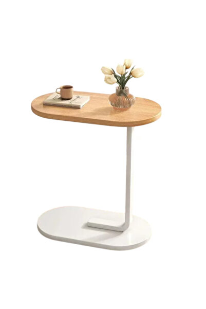 TodayShop Masă laterală ovală pentru living, portabilă și durabilă, 45x28x60 cm, albă cu stejar