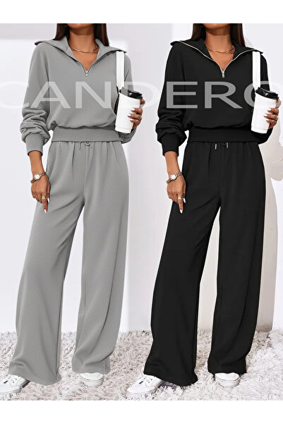 CAONNES طقم بدلة رياضية شتوية مكون من قطعتين (أسود-رمادي) بنطلون رياضي فضفاض ...